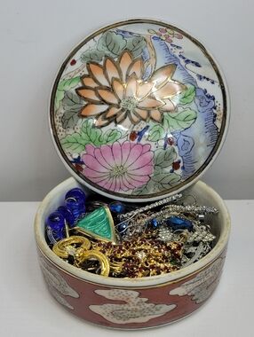 Vintage Japan Floral Porcelain Trinket Box Filled With Earrings